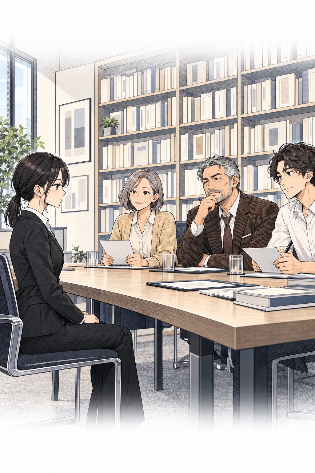 本棚に囲まれた面接の部屋。リクルートスーツの小柄な女子学生(中身は九条)が背筋を伸ばし、三人の面接官と向き合っている。