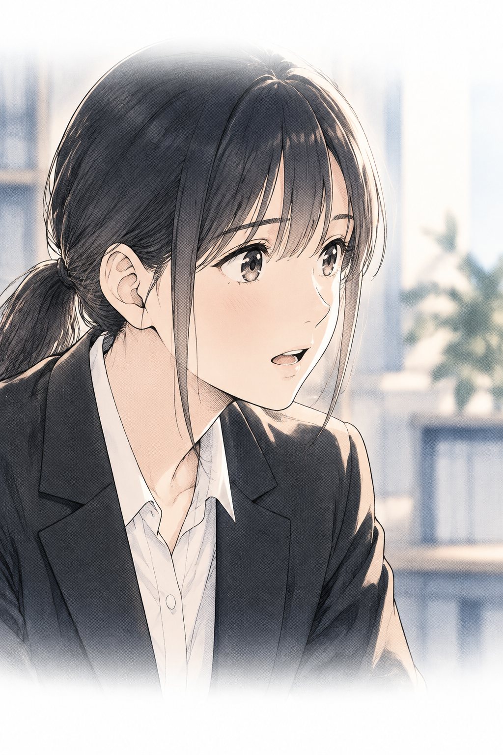 女子学生(中身は九条)の顔の大写し。まっすぐな目。自分の言葉に、自分で少し驚いているような表情。