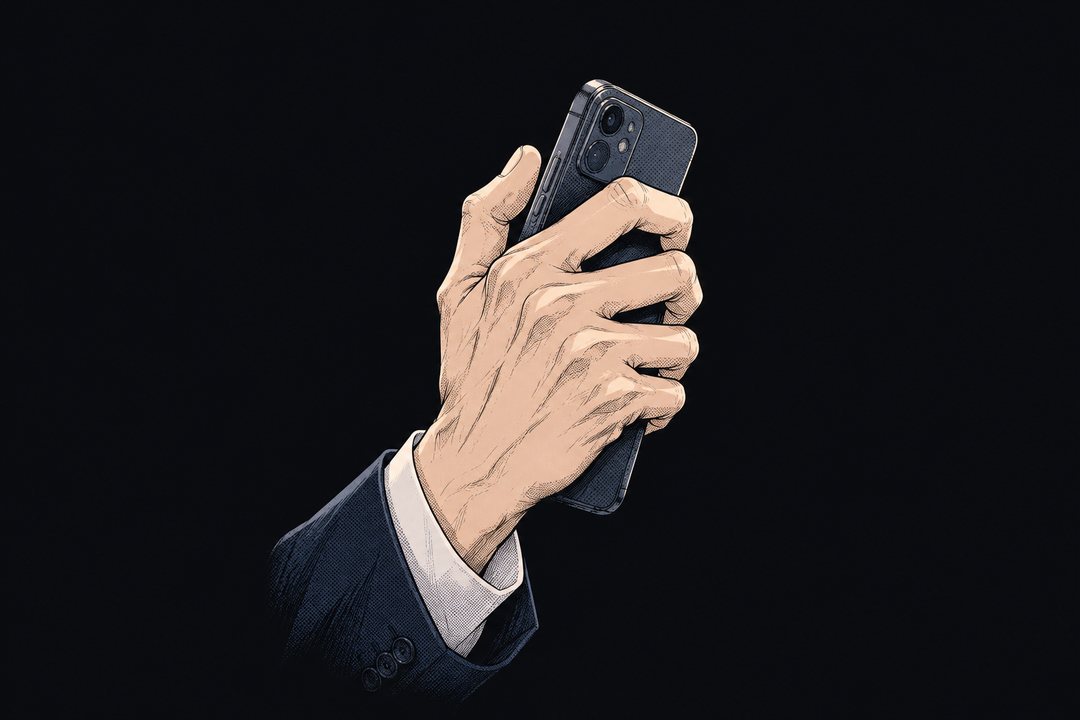スマートフォンを握りしめる、男の大きな手。指に力が入っている。