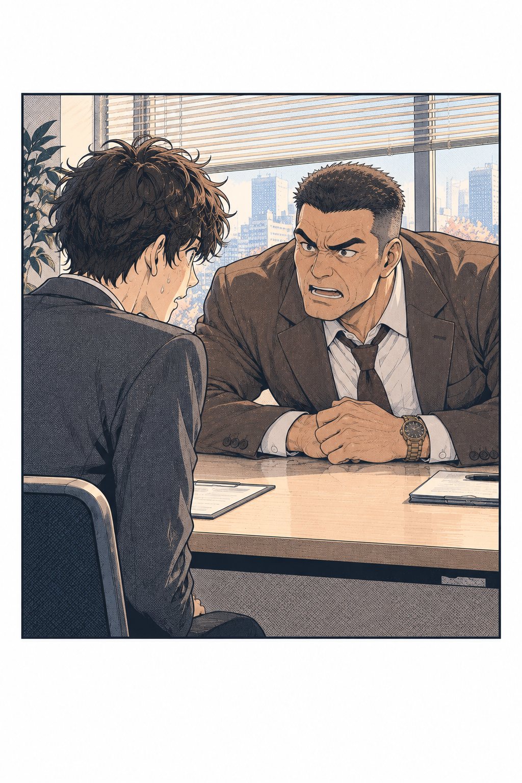 応募者の椅子の日下部樹に、岩城が机に肘をついて身を乗り出している。樹の額に汗。