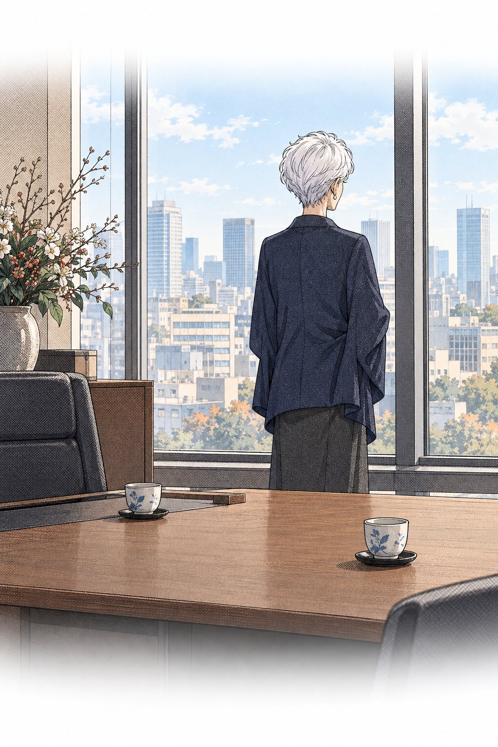 社長室。窓ぎわで、雛森社長が背を向けて外を見ている。机の上に湯のみが二つ。