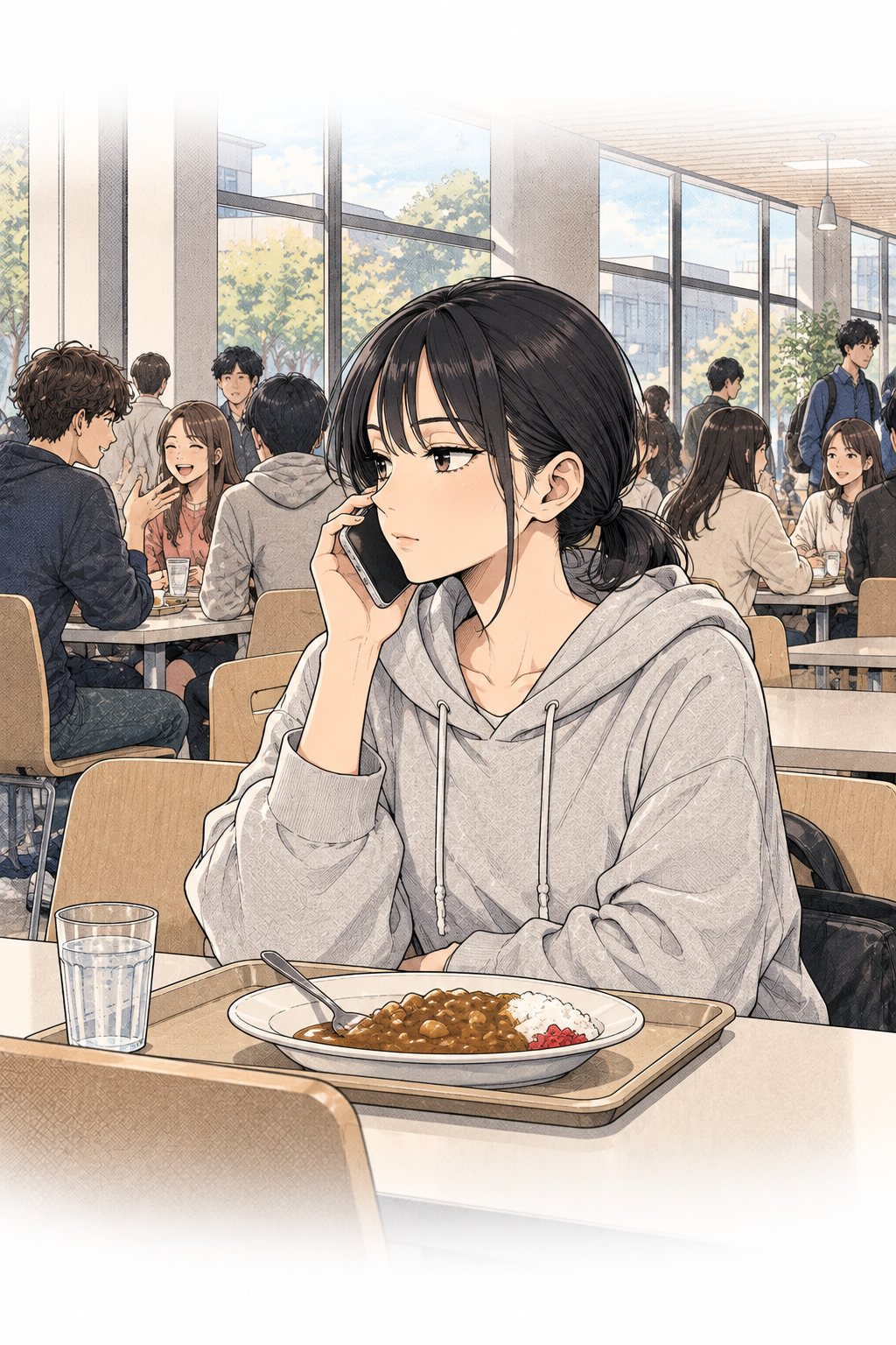 昼の大学の学食。トレーの前で、小柄な女子学生（中身は九条）が、落ち着いた顔でスマートフォンを耳に当てている。周りの学生はにぎやか。