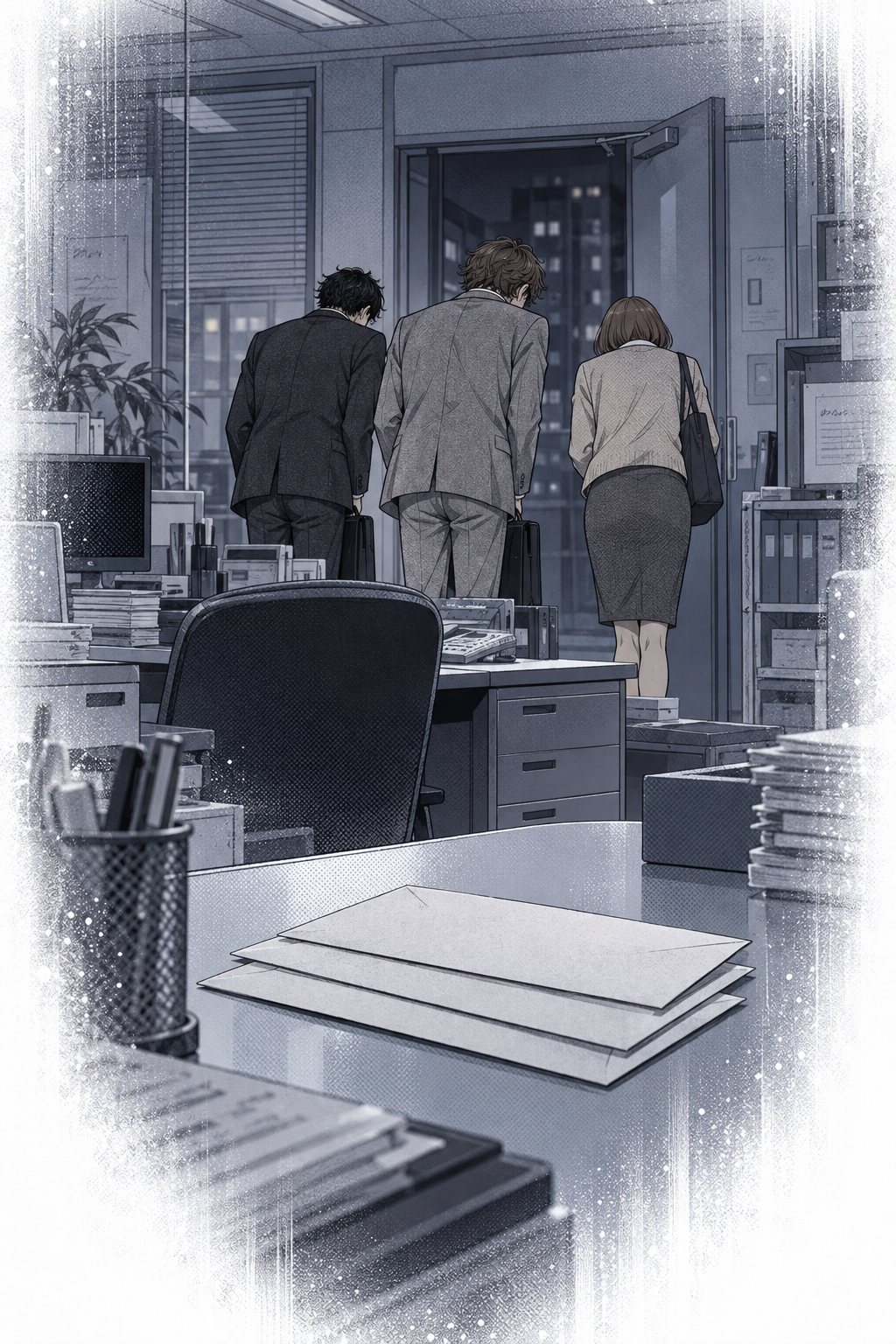回想。夜の営業所。机の上に積まれた三通の封筒。若い社員たちが頭を下げて出ていく後ろ姿。