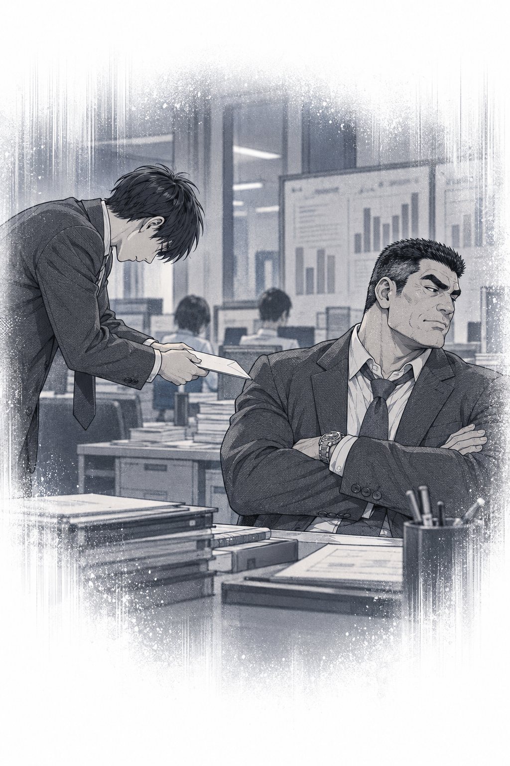 回想。営業部のフロア。岩城の机の前で、若い社員が頭を下げ、封筒を差し出している。岩城は腕を組んで目をそらしている。