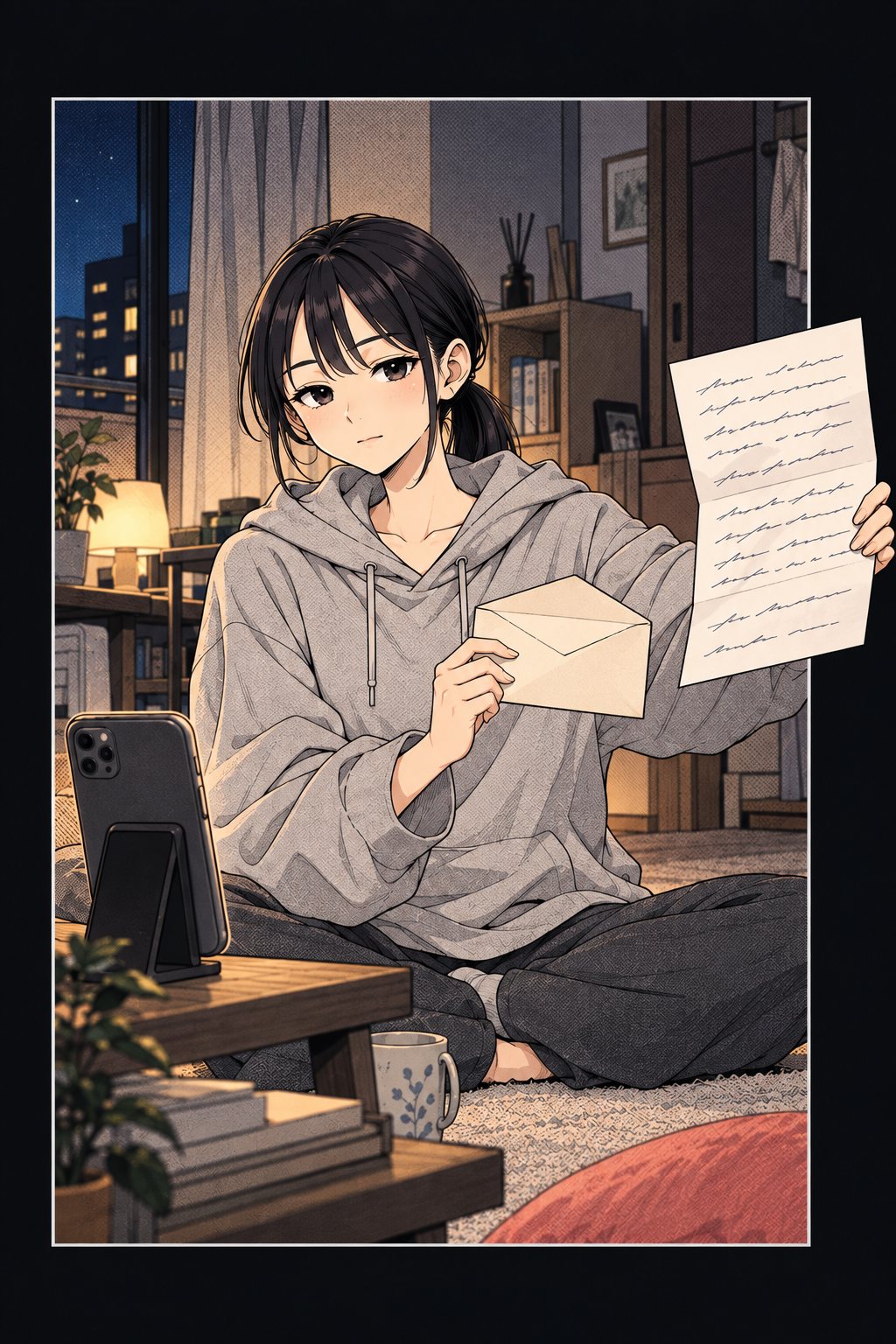 夜。ことはの小さなアパートの部屋。灰色のパーカーの女子学生（中身は九条）が、床に座って手紙の封筒を見せるように持ち、スマートフォンのビデオ通話の画面に向けている。