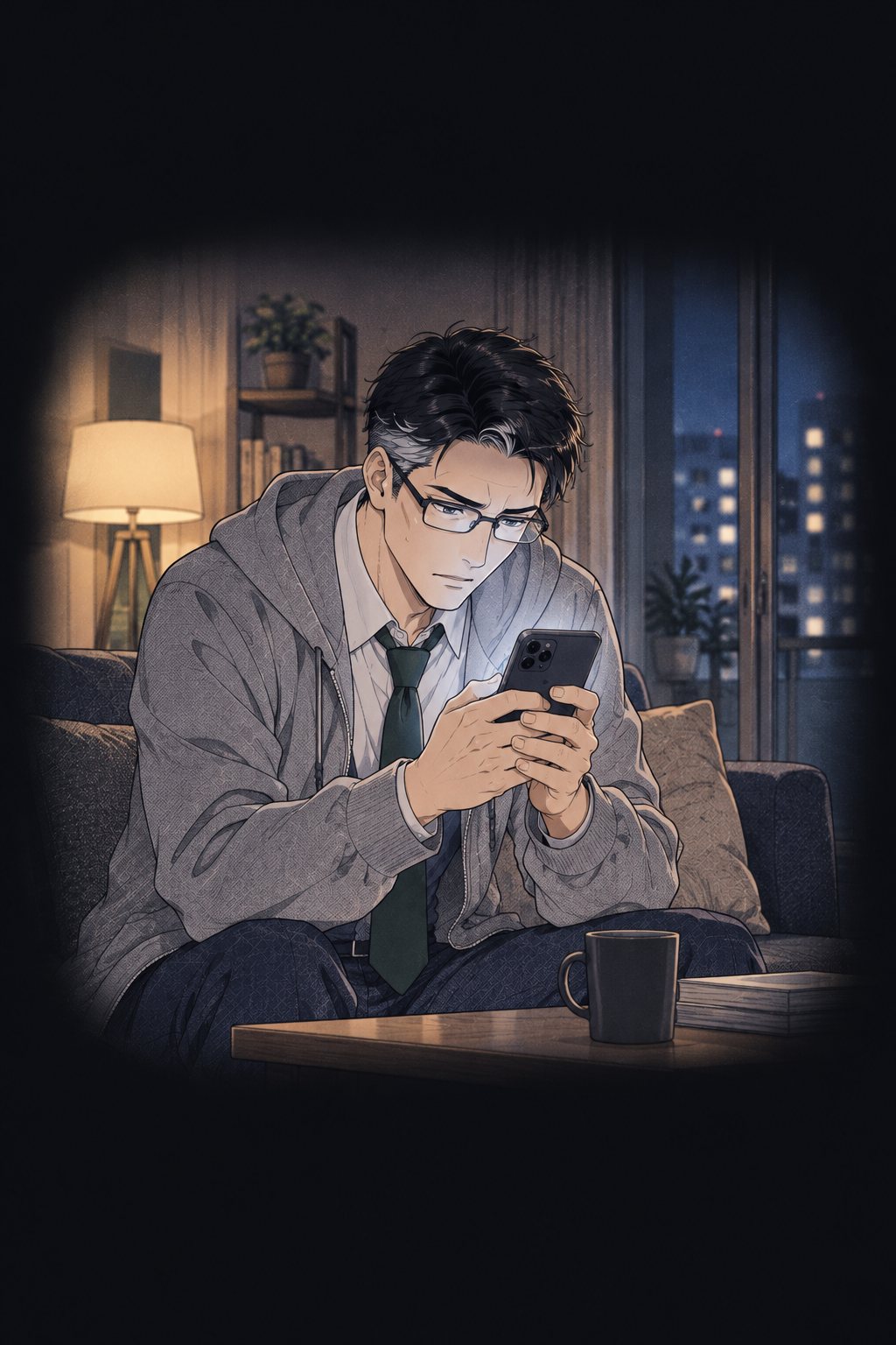 九条の暗い部屋。ビデオ通話のスマートフォンを両手で持ち、眼鏡の男（中身はことは）がうつむいている。