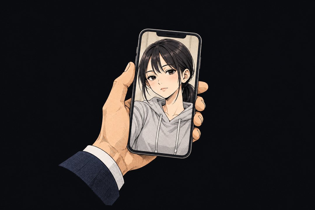 スマートフォンの画面越しに、女子学生（中身は九条）が静かにこちらを見つめている。