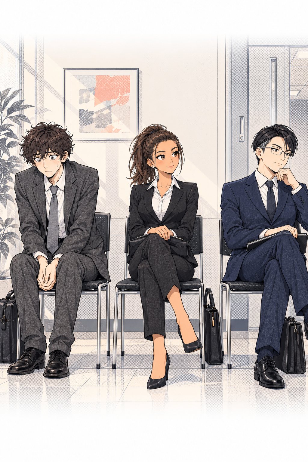 最終面接の控え室。リクルートスーツの日下部樹、若宮さくら、眼鏡をかけた自信ありげな男子学生の三人が、少し離れて座っている。