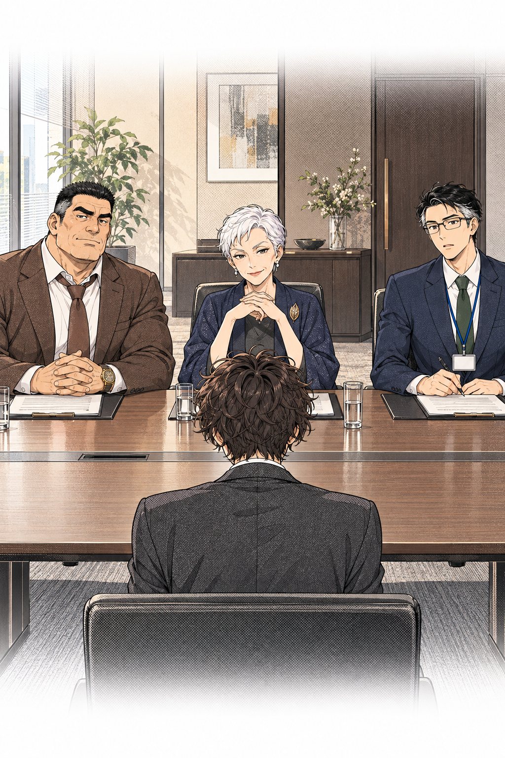 社長室の隣の面接の部屋。雛森社長を真ん中に、岩城と眼鏡の男（中身はことは）が並んで座っている。向かいの椅子に樹。