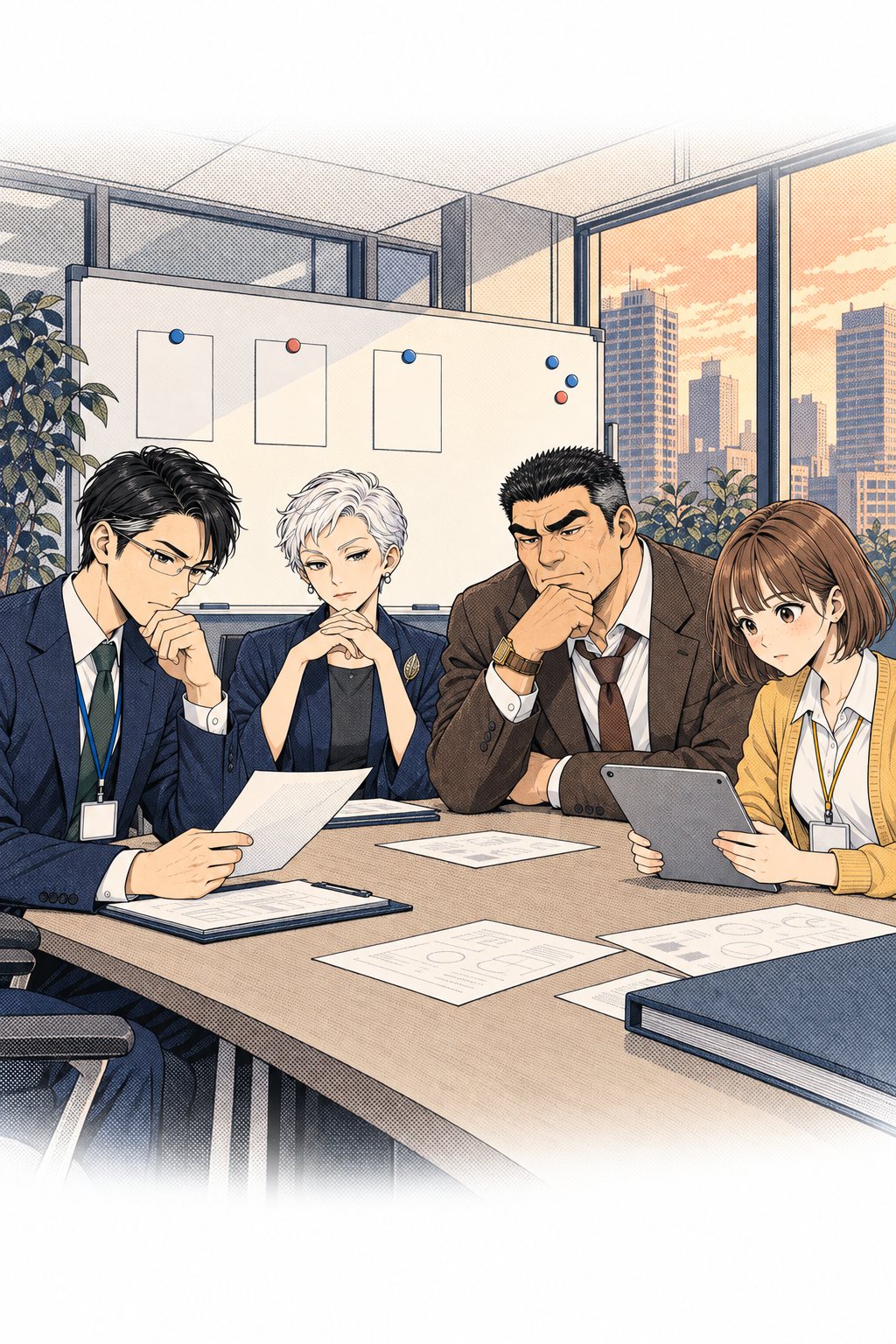 夕方の会議室。ホワイトボードに三枚の名前の札と、枠の数を示す小さな丸。雛森、岩城、柚木、眼鏡の男が囲んでいる。