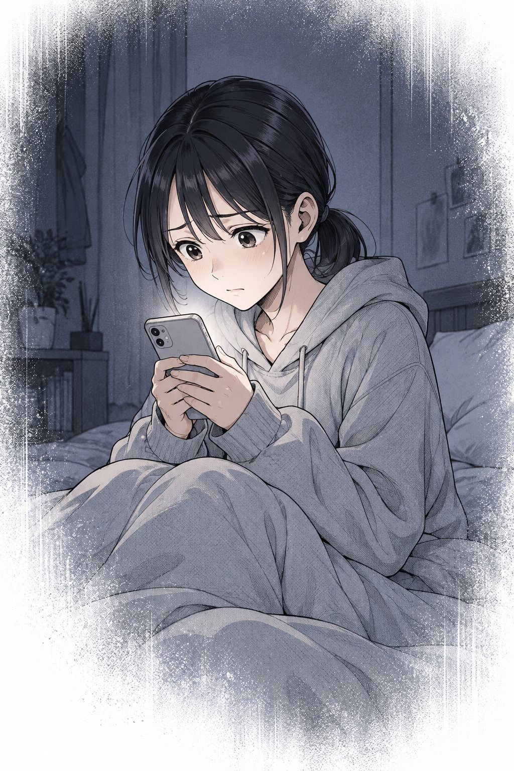 回想。夜の部屋で、パーカー姿のことはが、布団の上でスマートフォンを両手で握り、何度も画面を確かめている。