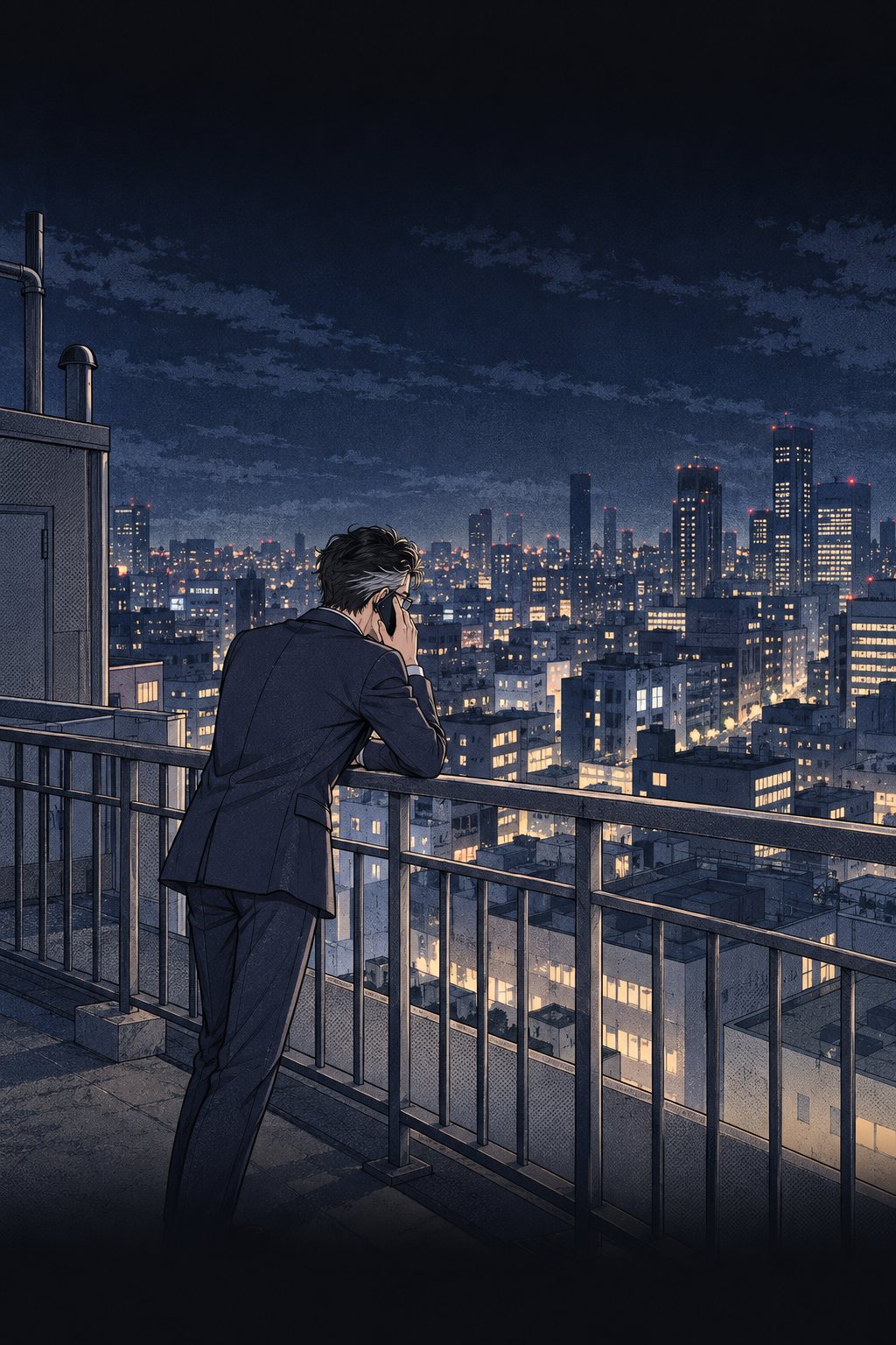 夜の会社の屋上。手すりにもたれて、眼鏡の男（中身はことは）がスマートフォンで話している。遠くに街の灯り。
