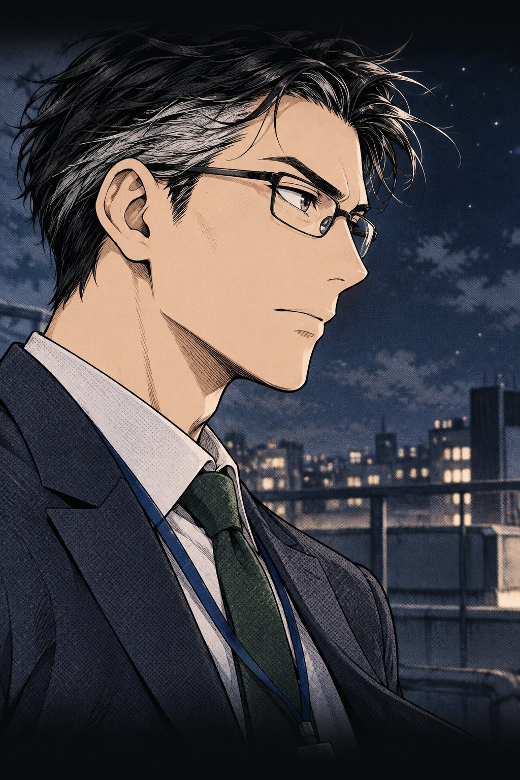 眼鏡の男（中身はことは）の横顔の大写し。夜風に髪が揺れ、何かを決めた目をしている。