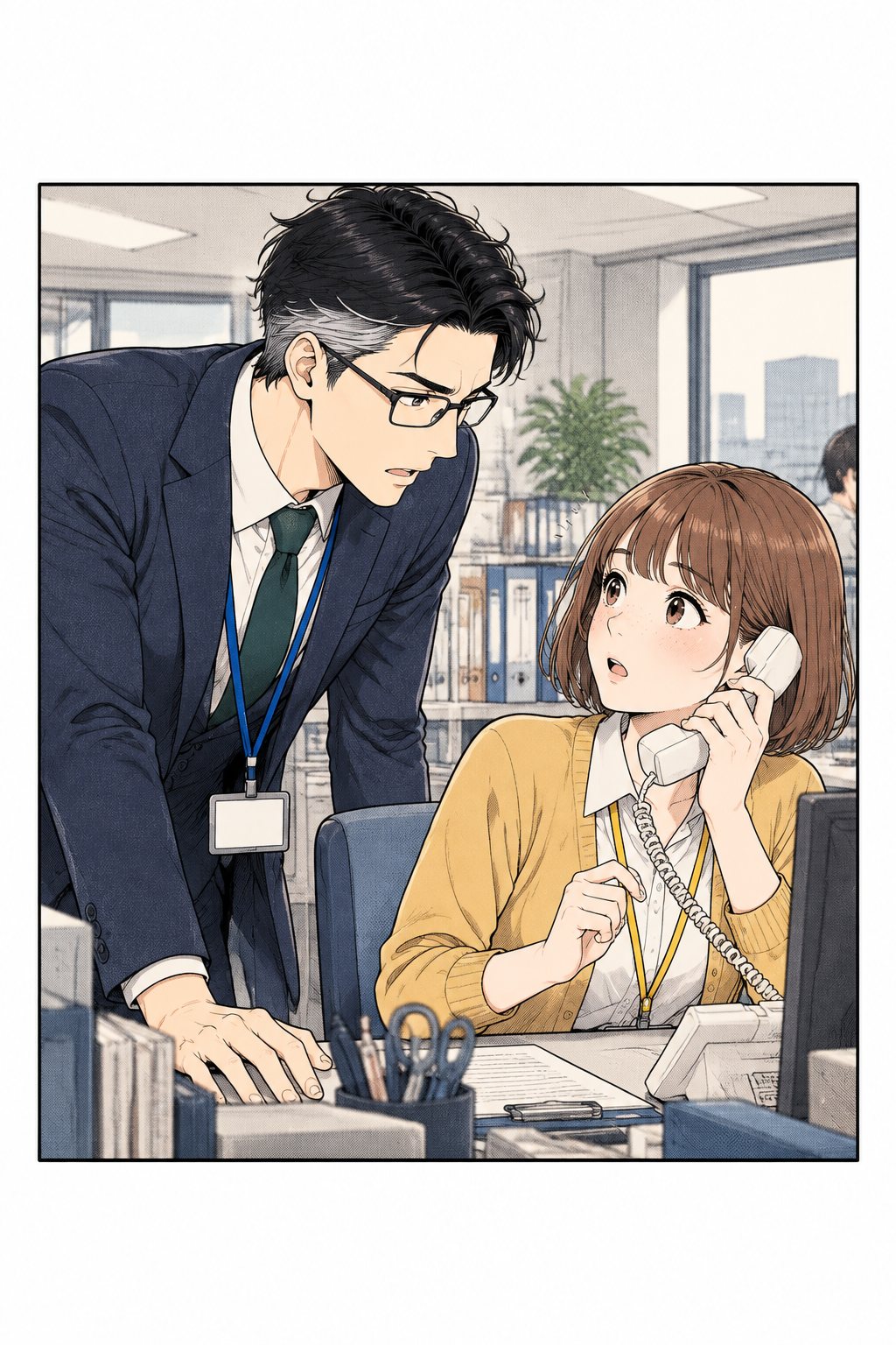 翌朝の人事部。眼鏡の男が柚木の机に身を乗り出して頼みごとをしている。柚木は受話器を手に、目を丸くしている。
