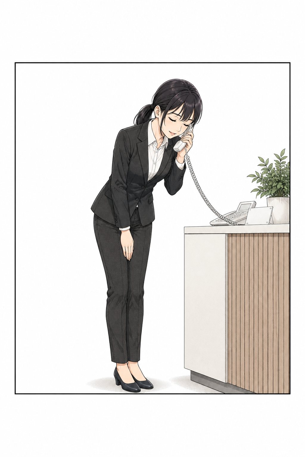出版社のビルの受付の前で、リクルートスーツの女子学生（中身は九条）が、受付の電話の受話器を持って丁寧に頭を下げている。
