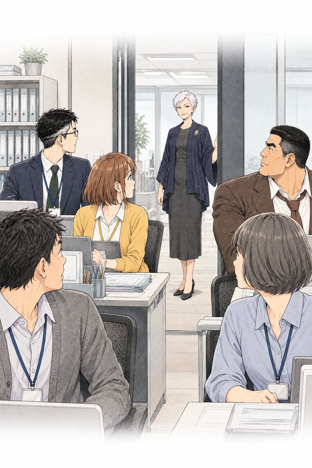 人事部の入口に、羽織姿の雛森社長が立っている。部屋の空気が静まり、社員たちが振り向く。