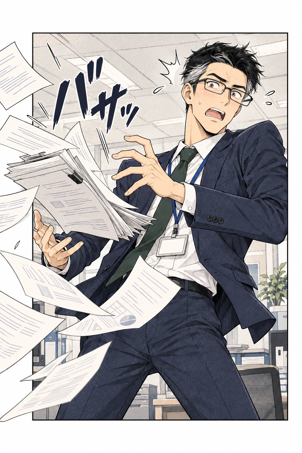 眼鏡の男（中身はことは）が、驚きのあまり体をのけぞらせ、手に持った書類を床に落としている。紙が舞う。「バサッ」の描き文字。