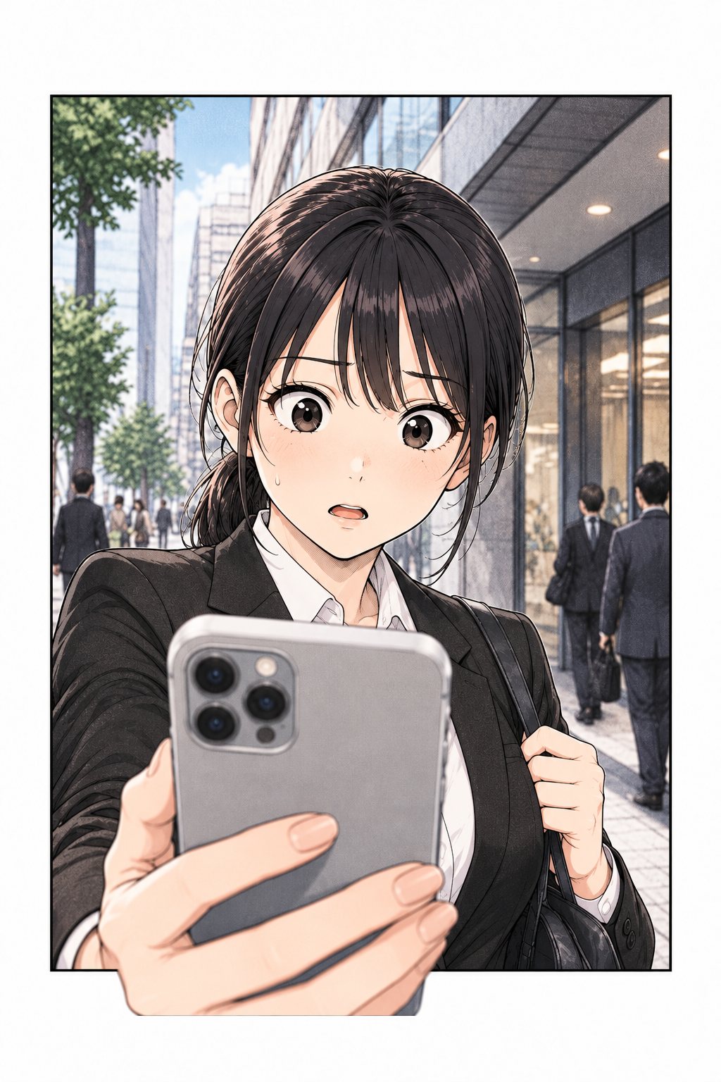 出版社のビルの前の歩道で、女子学生（中身は九条）がスマートフォンの画面を見て、目を見開いて立ち止まっている。
