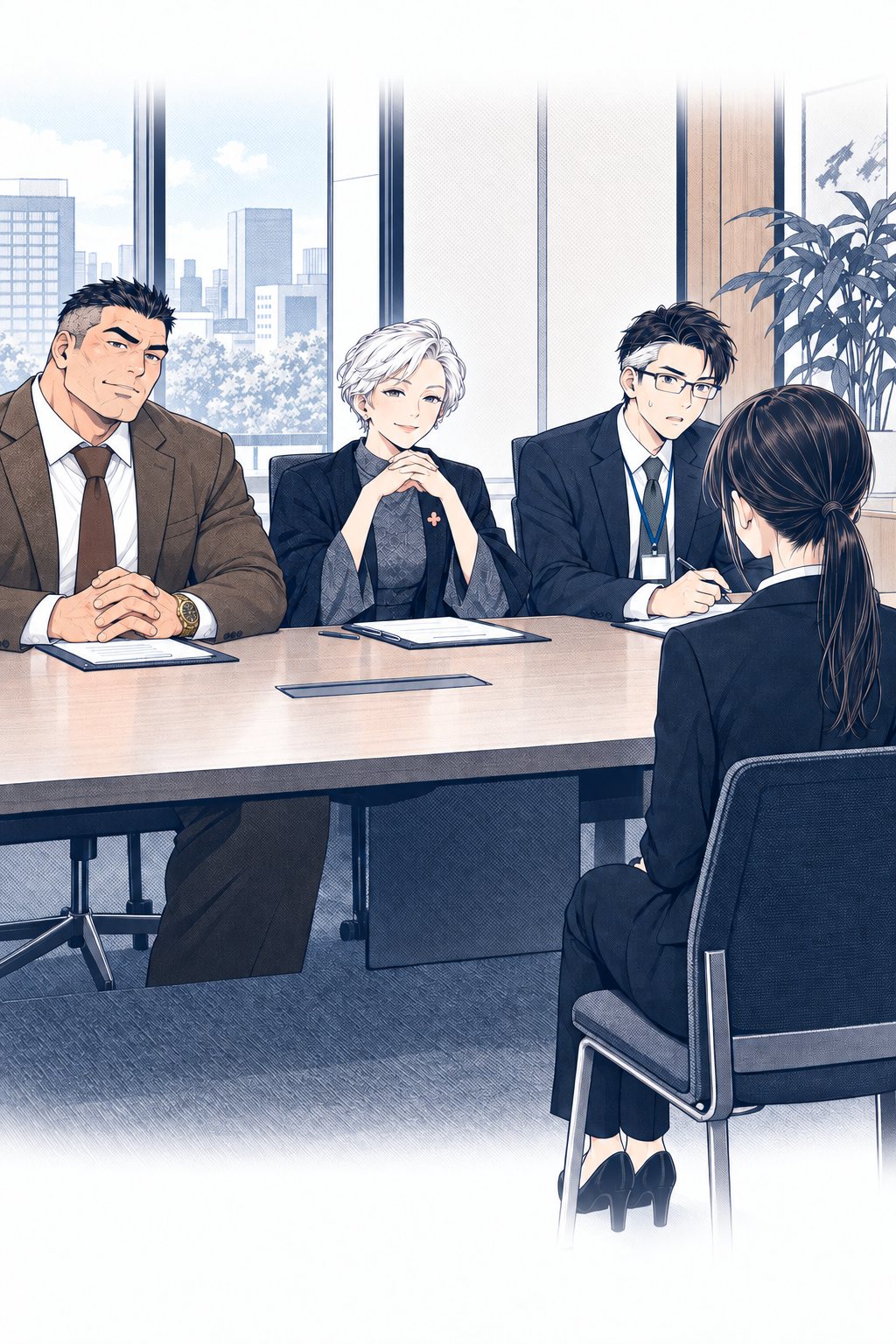 社長室の隣の面接の部屋。真ん中に羽織姿の雛森社長、左に大柄な岩城、右に眼鏡の男（中身はことは）。向かいの椅子に、リクルートスーツの小柄な女子学生（中身は九条）が背筋を伸ばして座る。