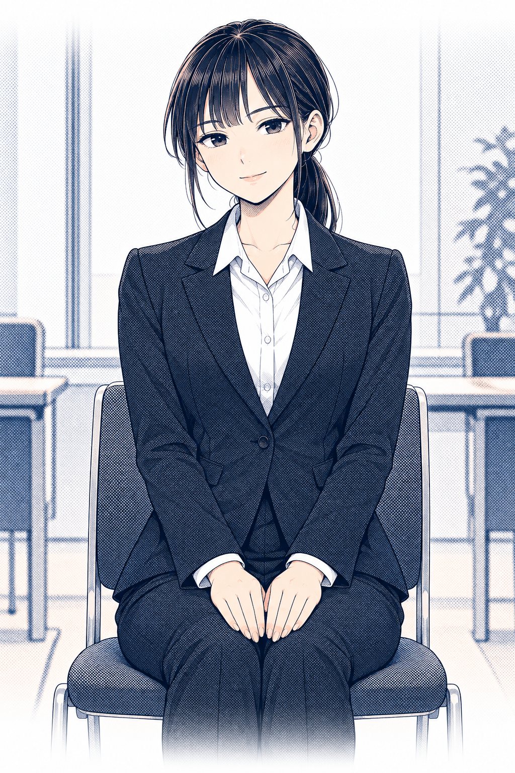 面接官の席から見た、自分の顔の女子学生。表情は落ち着きはらい、手は膝の上でそろっている。