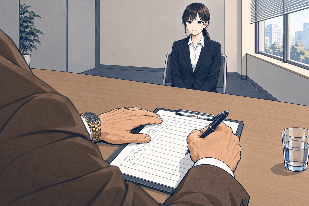 岩城が評価票の紙にペンを走らせる手元。紙の字は読めない。