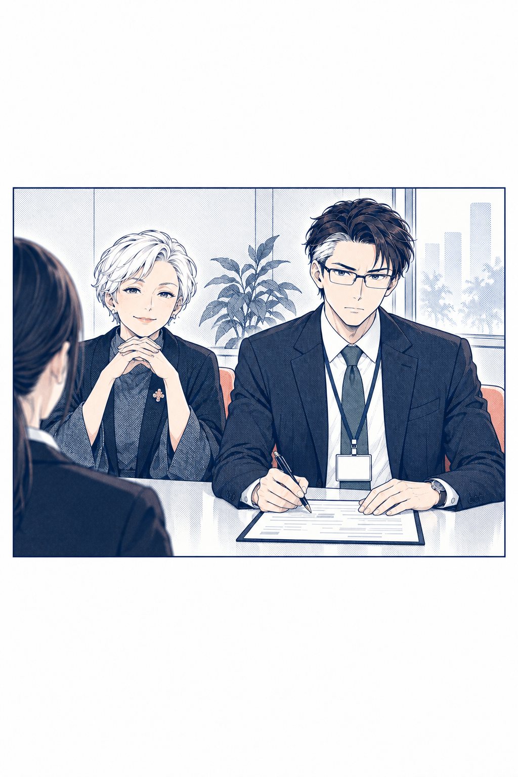 眼鏡の男（中身はことは）が、手元の質問表から顔を上げ、まっすぐ前の女子学生を見る。