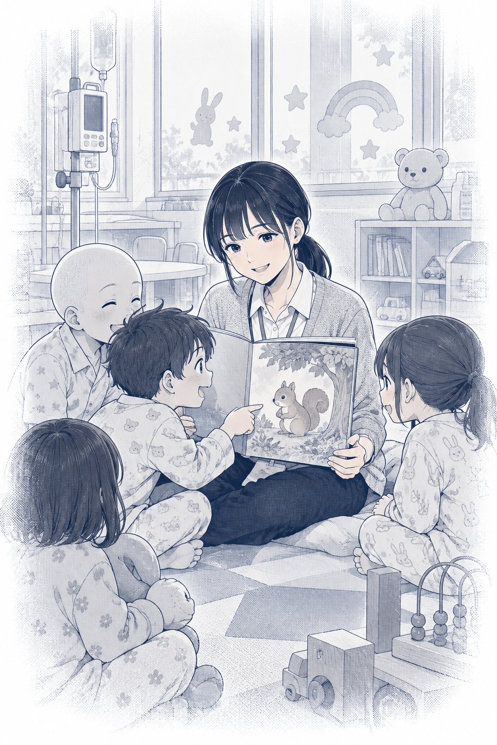 回想(網点だけの灰色)。小児病棟のプレイルームで、ことはが床に座り、パジャマの子どもたちに絵本を読んでいる。一人の子が表紙を指さしている。