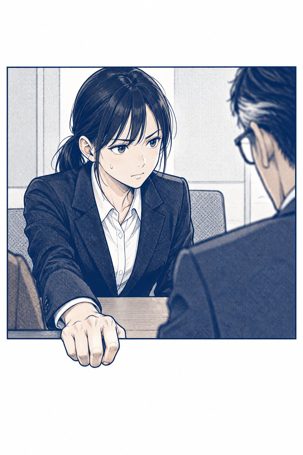 女子学生（中身は九条）が、面接官の席の眼鏡の男（中身はことは）をちらりと見てから、社長に向き直る。机の縁をつかむ手が、手前に大きい。