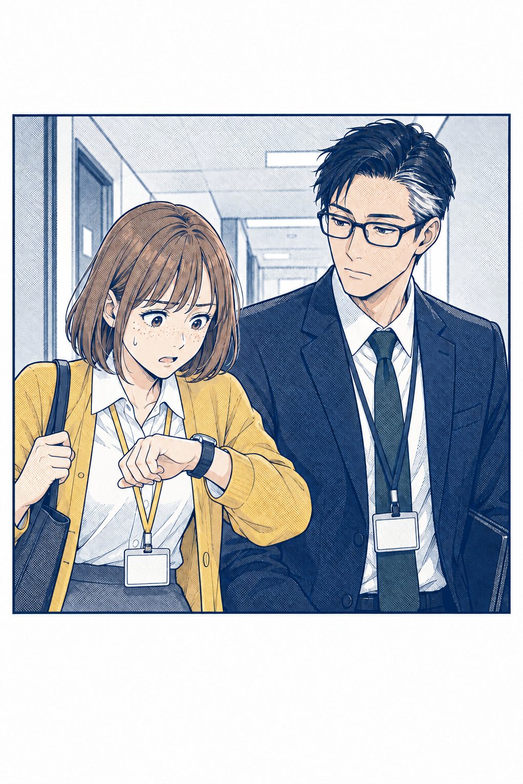 廊下で、柚木が腕時計を見て青ざめる。黄色のカーディガン、明るい茶髪のボブ。横に眼鏡の男。