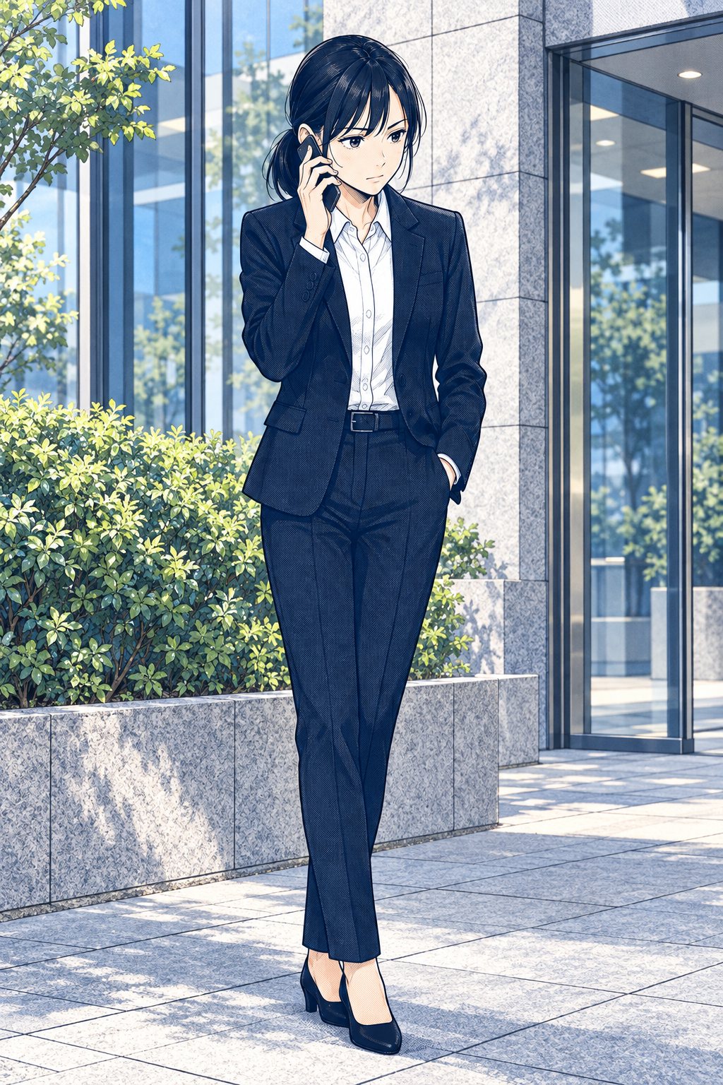 ビルの外の植え込みのそばで、女子学生（中身は九条）がスマートフォンを耳に当てて話している。