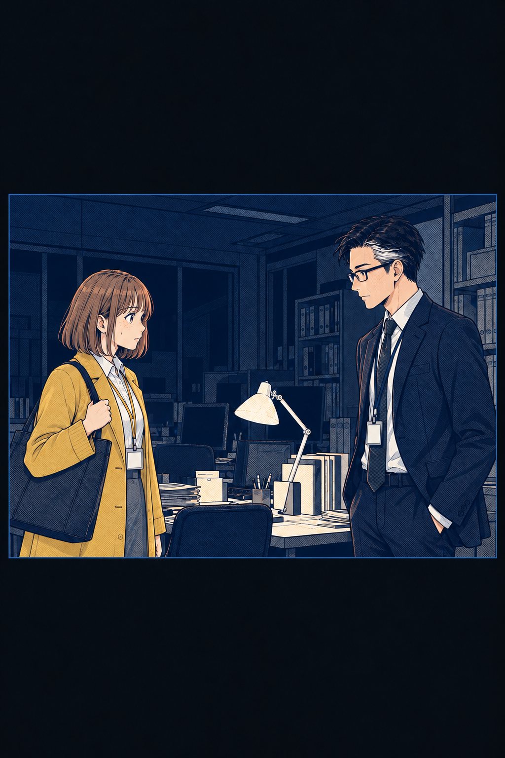 夜の人事部。机のスタンドの灯りだけ。眼鏡の男（中身はことは）と、帰り支度の柚木が向き合う。