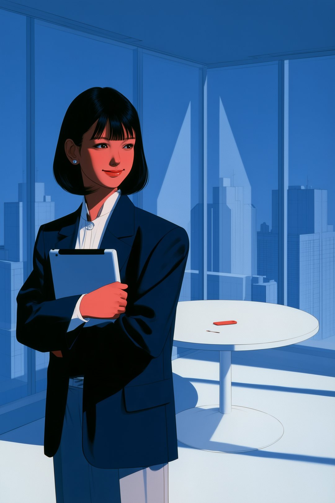 面談室。タブレットを胸に抱え、営業の笑顔を作る20代の女性のキャリアアドバイザー。