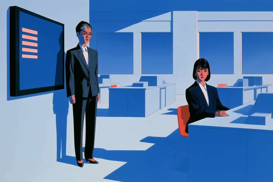 明るい営業のフロア。左で、短い髪の40代の女性の課長が、棒の表だけが光る大きな画面の前に立つ。右の席で、さっきの女性のアドバイザーが背すじを伸ばす。