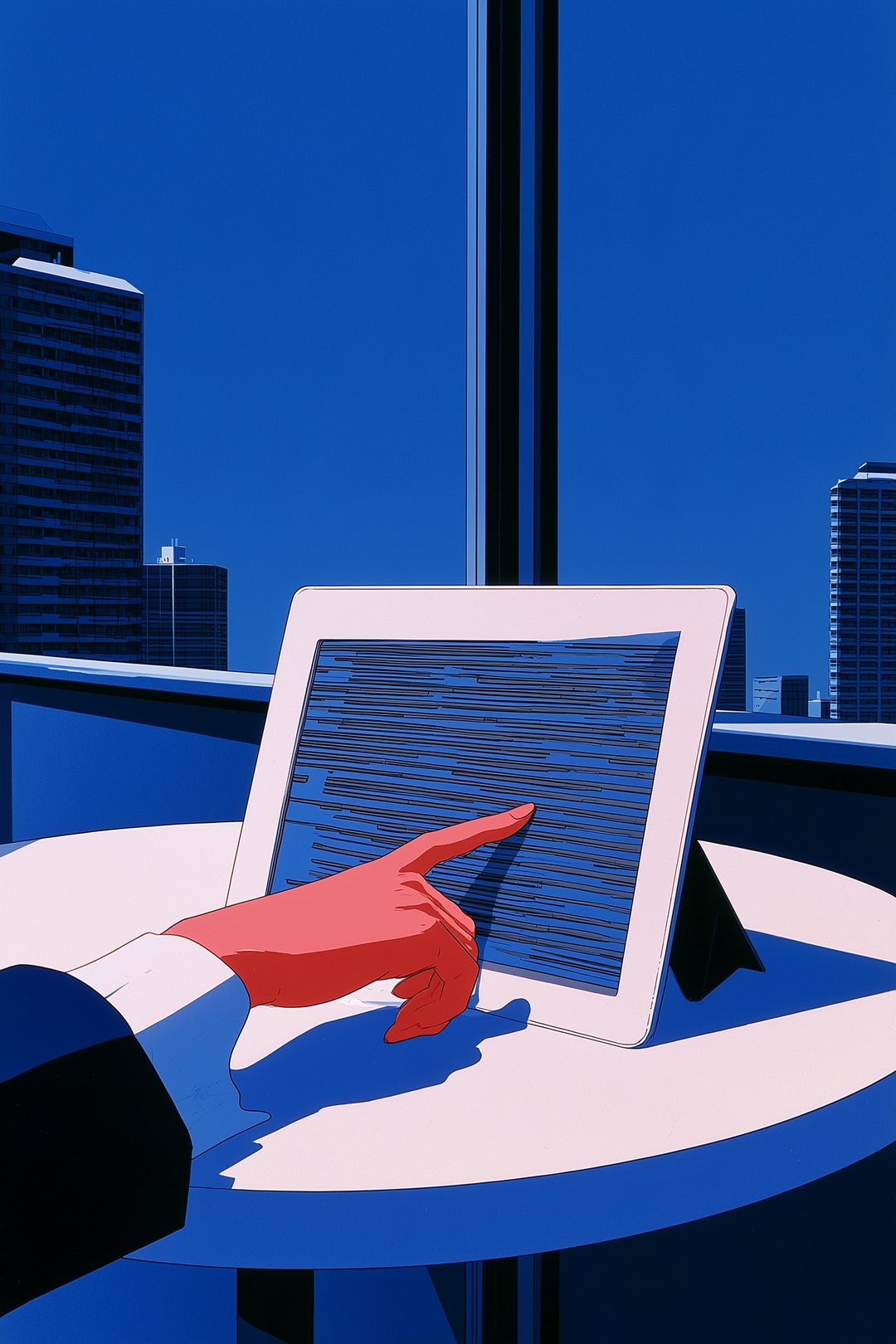 丸い机に立てたタブレットの画面の寄り。字の読めない求人の票の行を、紺の袖の人さし指が指す。