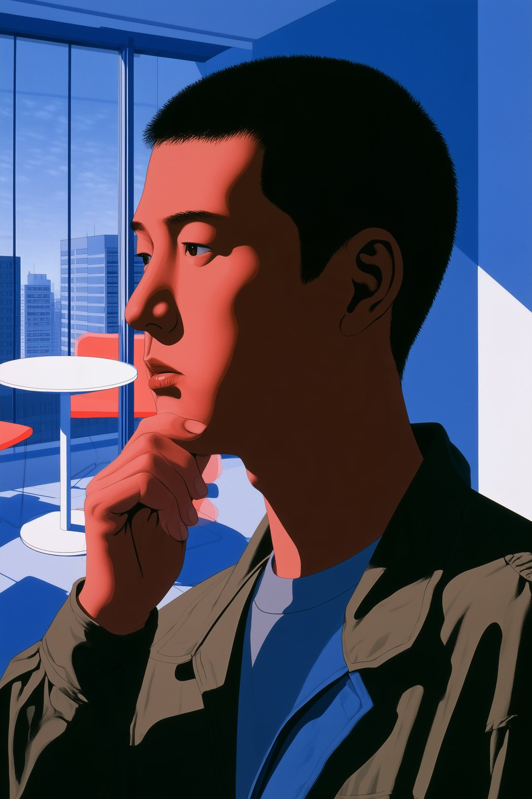 男性の寄り。あごに手を当て、口を結んで考え込む。