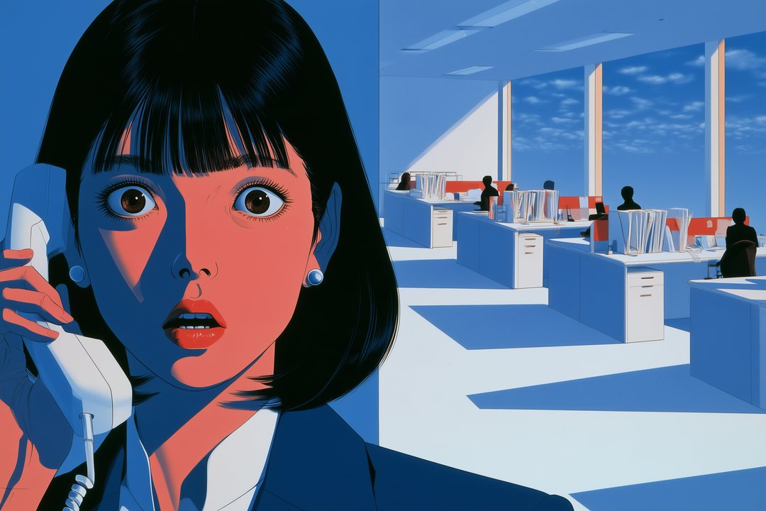 細い横の帯の寄り。受話器を耳に当てた女性の、大きく見開いた目。