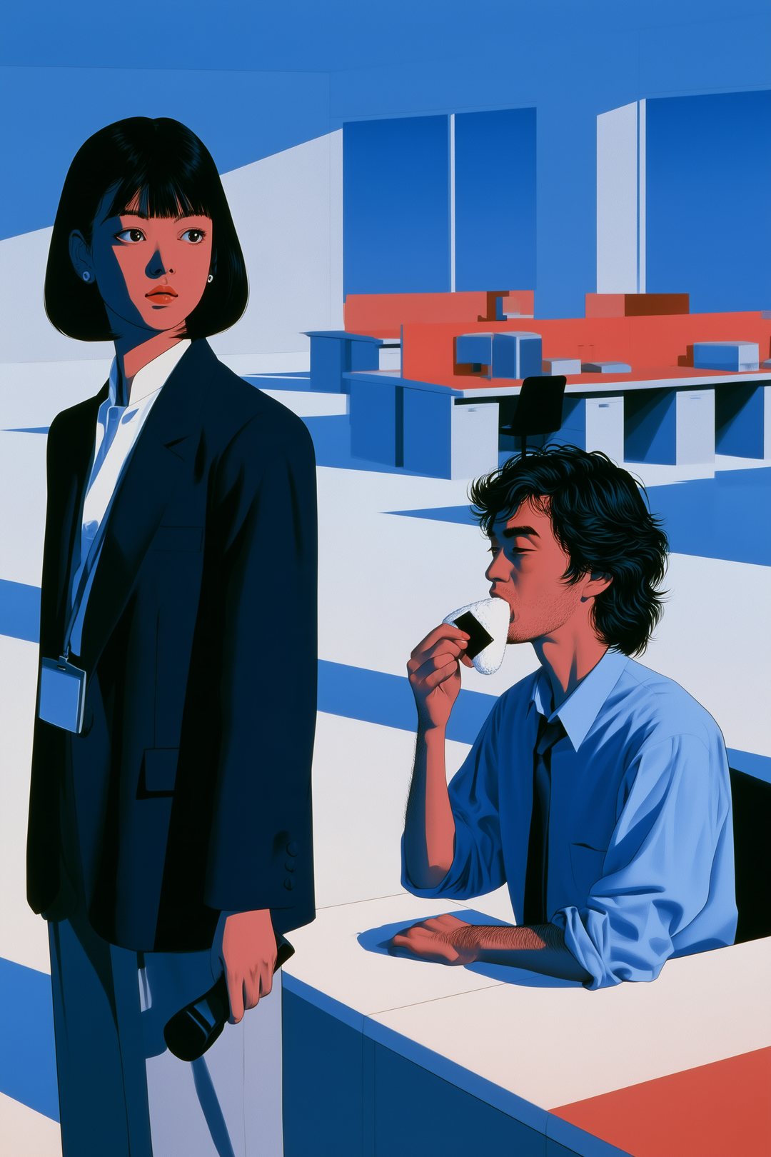 朝のフロア。左で受話器を持ったまま立ち尽くす女性のアドバイザー。右の手前の席で、男性がおにぎりをかじっている。
