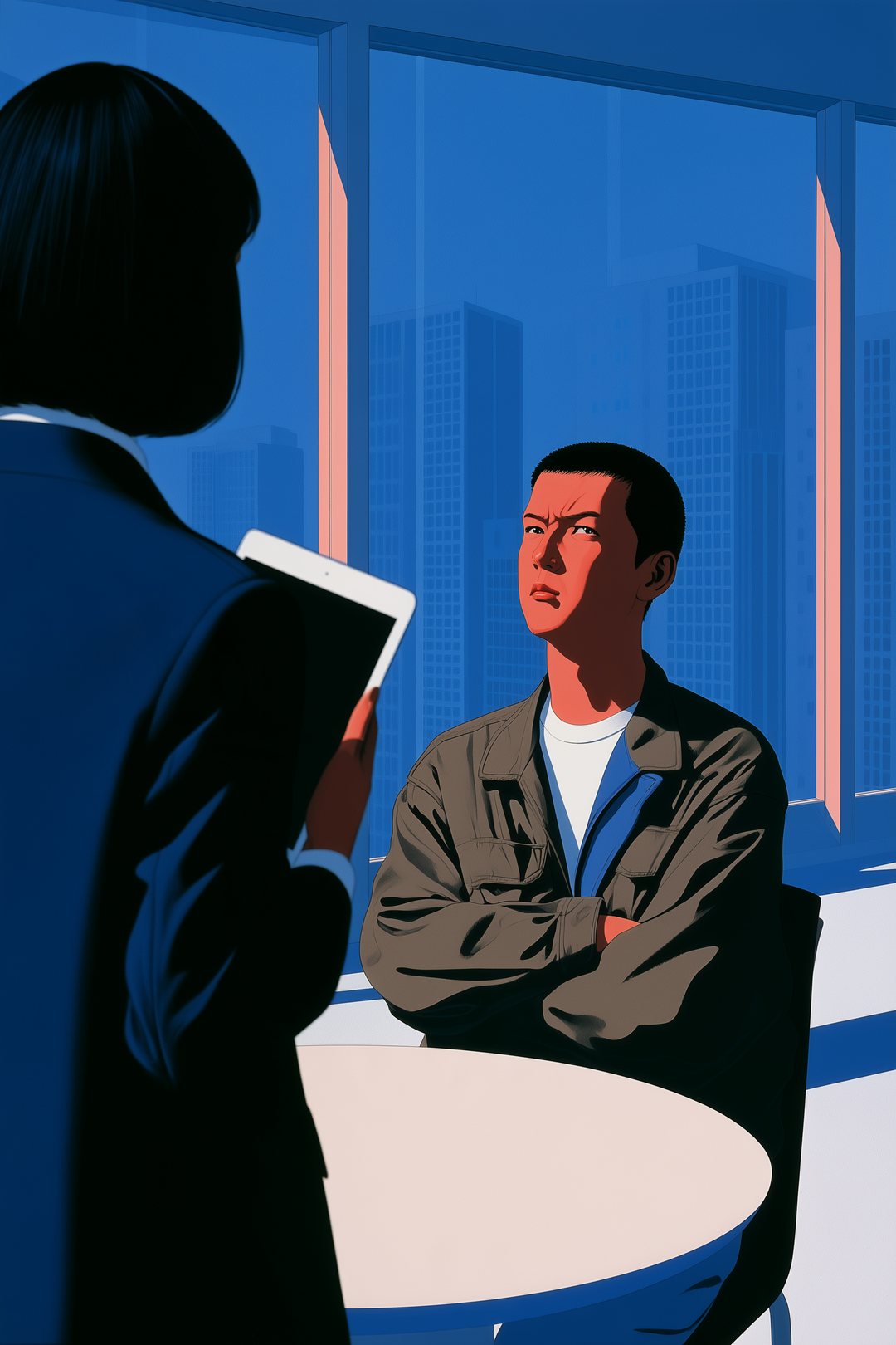 夕方の面談室。手前に、タブレットを持って立つ女性のアドバイザーの背中。奥の丸い机で、作業着の上着の男性が腕を組んで座り、硬い顔で彼女を見上げる。
