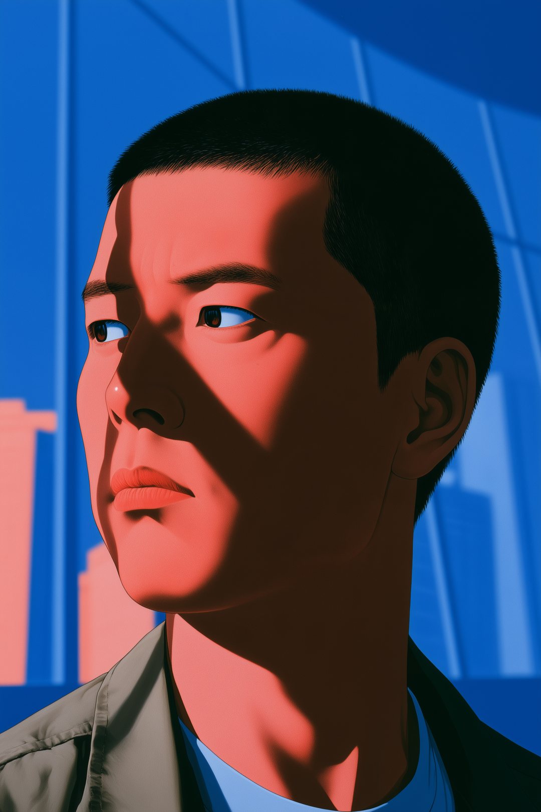 同じ時。男性の顔の寄り。口を固く結び、横目で左の女性のアドバイザーを見る。