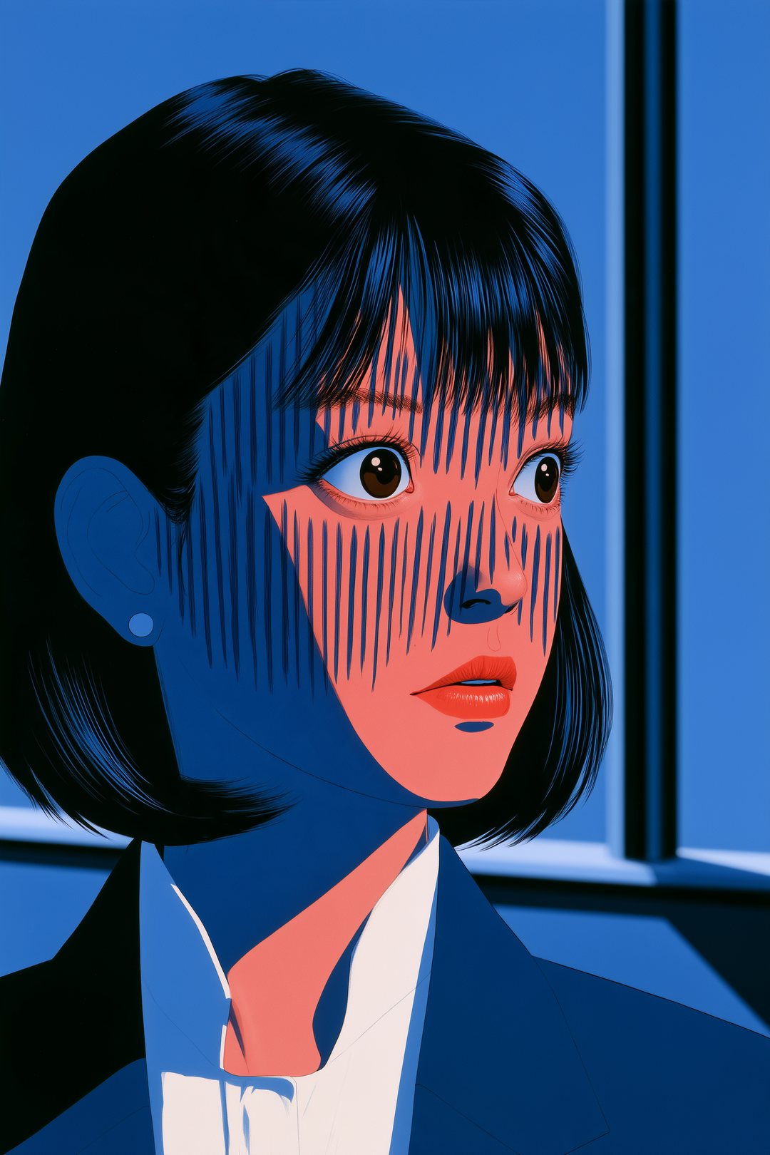 女性のアドバイザーの寄り。目を見開いて固まり、顔に縦の線が入る。