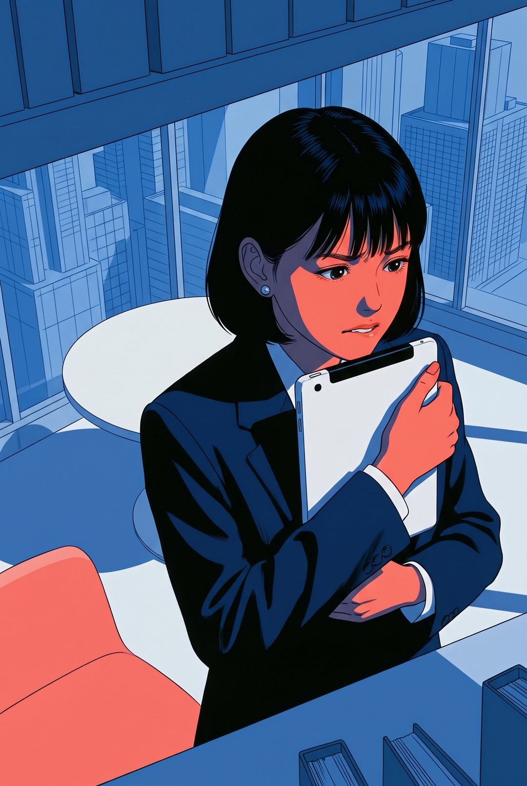 上から見た女性のアドバイザー。タブレットを胸に抱え込み、目を伏せて下くちびるをかむ。