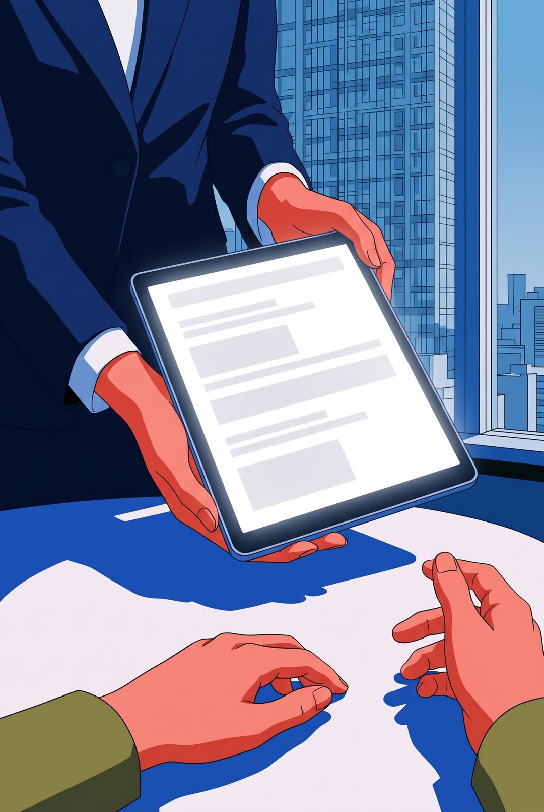 タブレットの画面の寄り。字の読めない表の行が並ぶ。女性の両手が画面を男性の方へ向けて差し出し、手前に男性の両手。