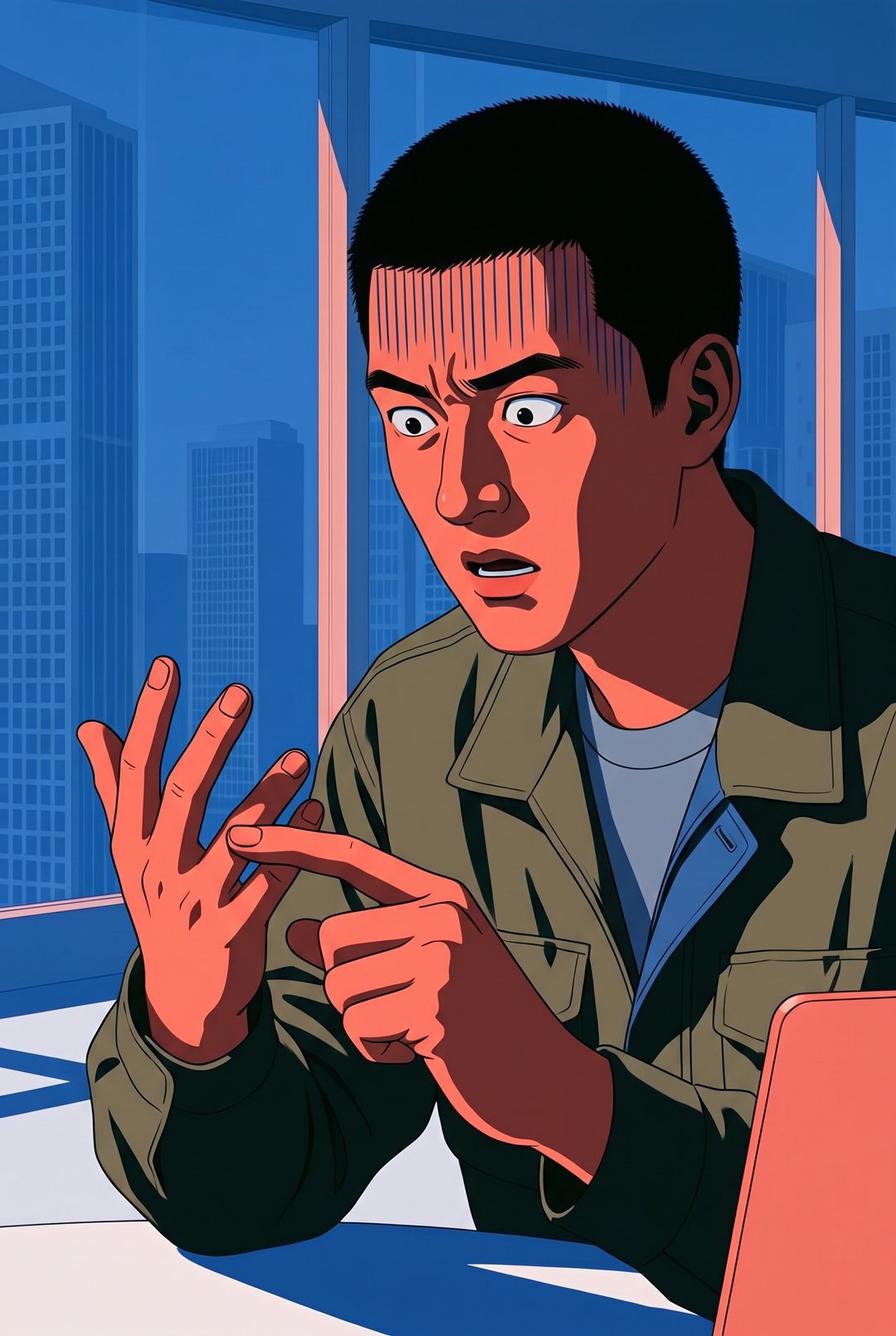 男性の寄り。身を乗り出して指を折って数え、目を見開く。顔に縦の線。