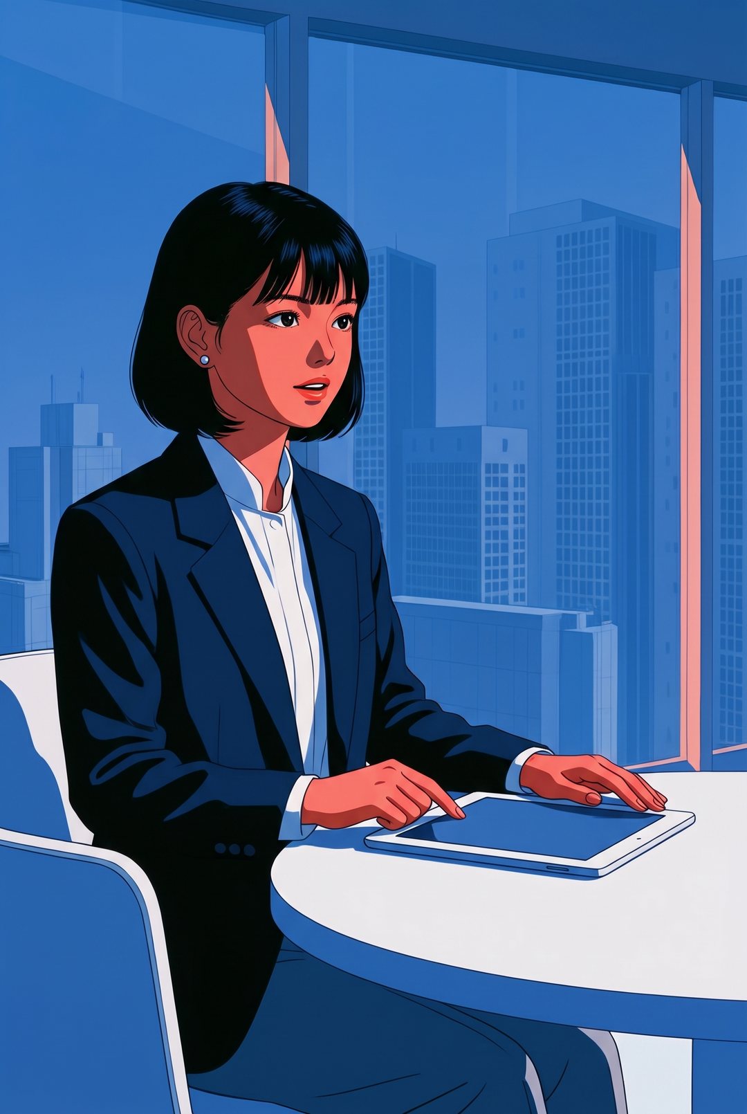 女性のアドバイザーがタブレットを机に置き、男性の方をまっすぐ見る。手はタブレットの縁に添えたまま。