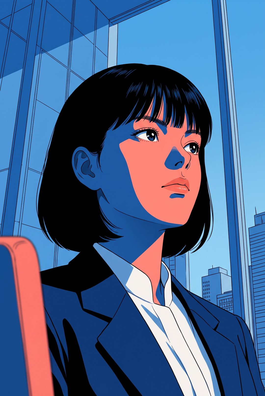 少し下から見上げた女性のアドバイザー。光を受けたまっすぐな目。