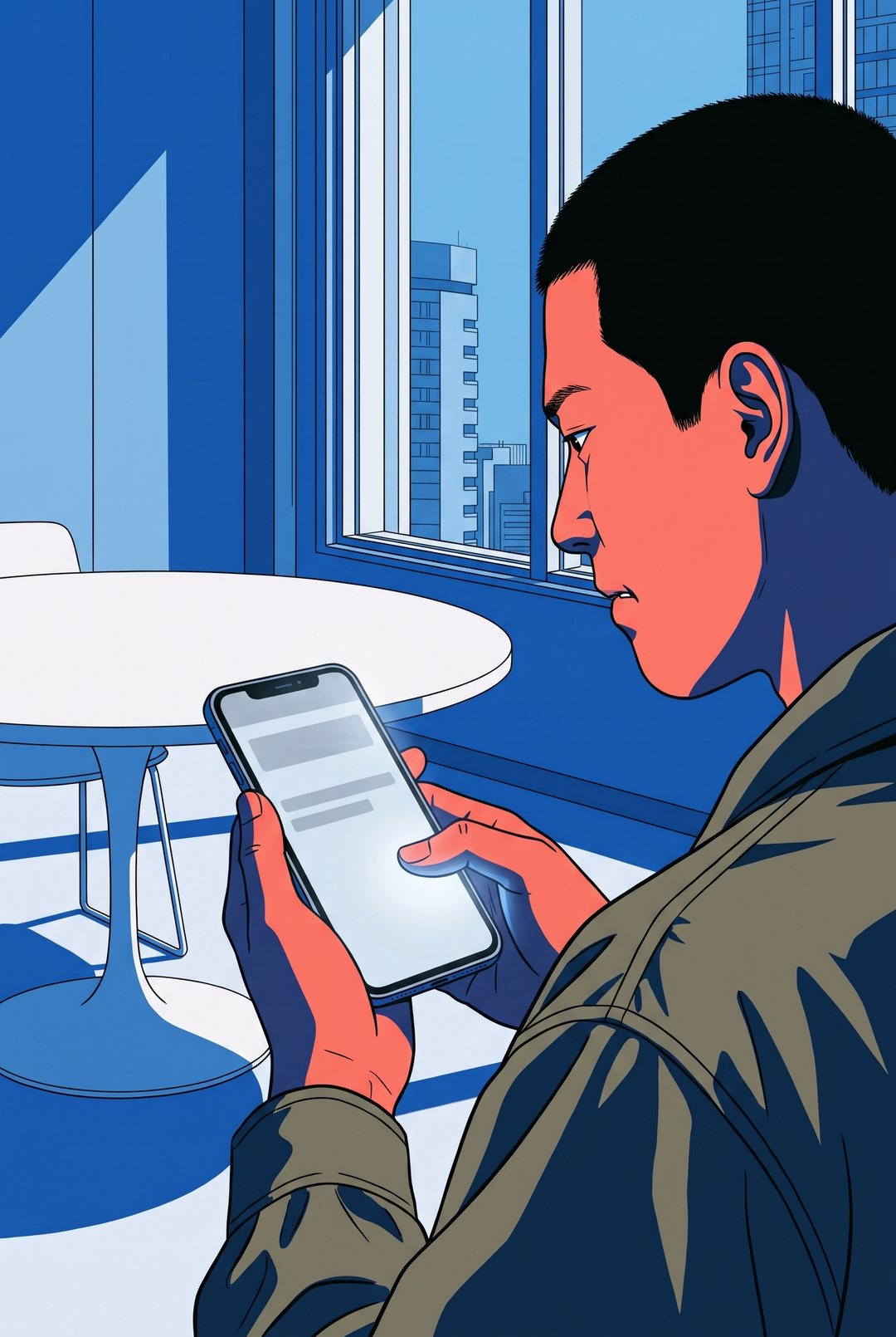 男性の肩ごしに見たスマホの画面。字の読めない同じ形の表が光る。親指が画面を下へなぞる。