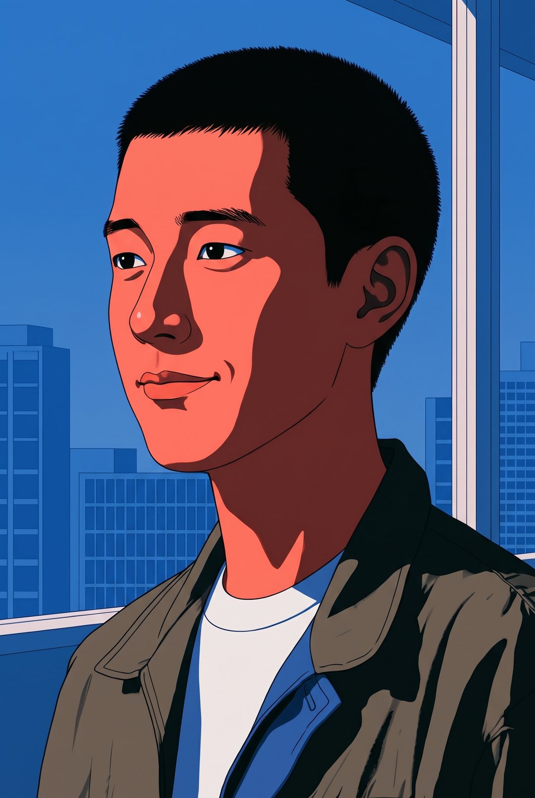 男性の寄り。こわばっていた眉がほどけ、少し苦笑いして息をつく。