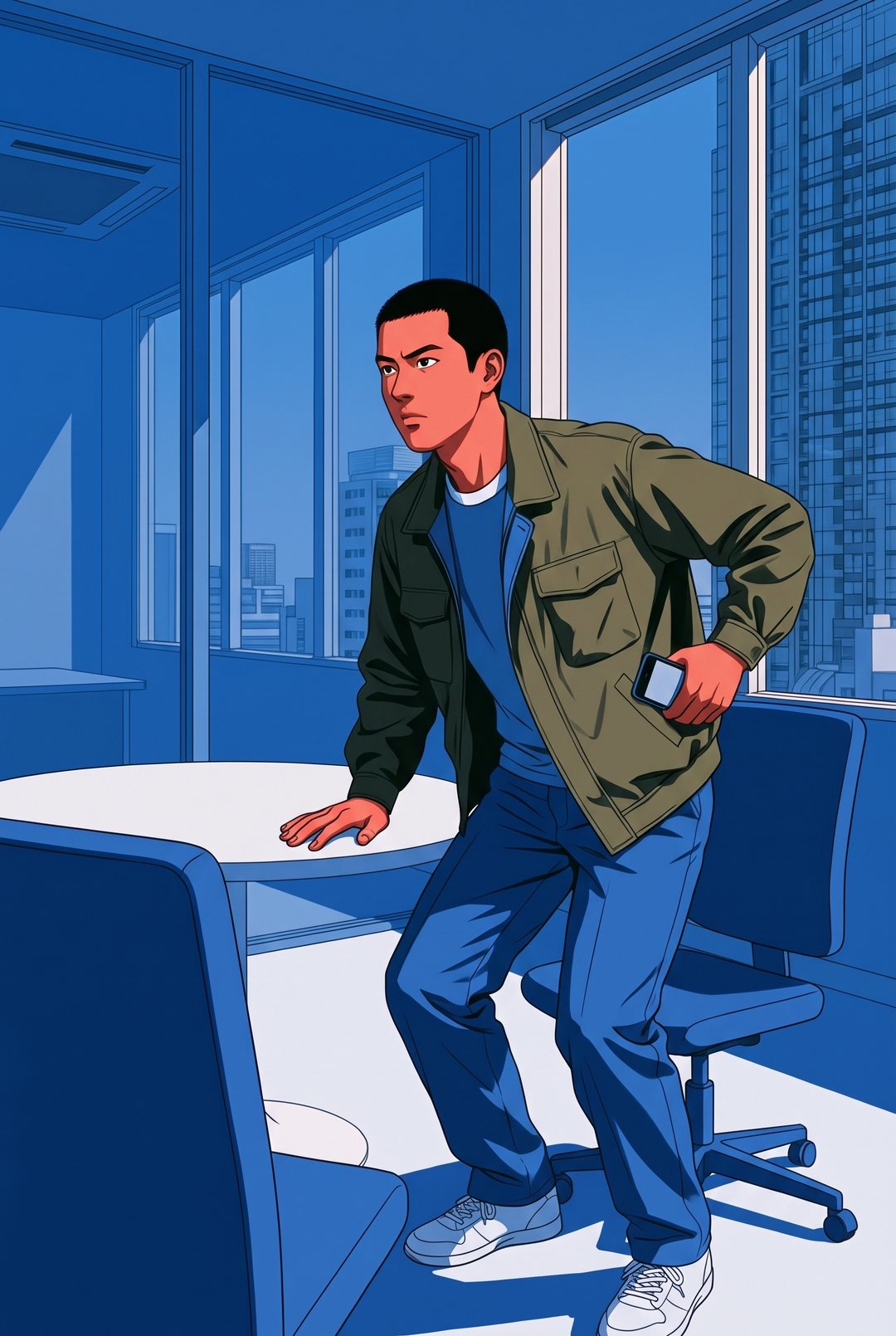 男性の全身。片手を机につき、椅子から立ち上がりながら、スマホを上着のポケットにしまう。決めた顔。