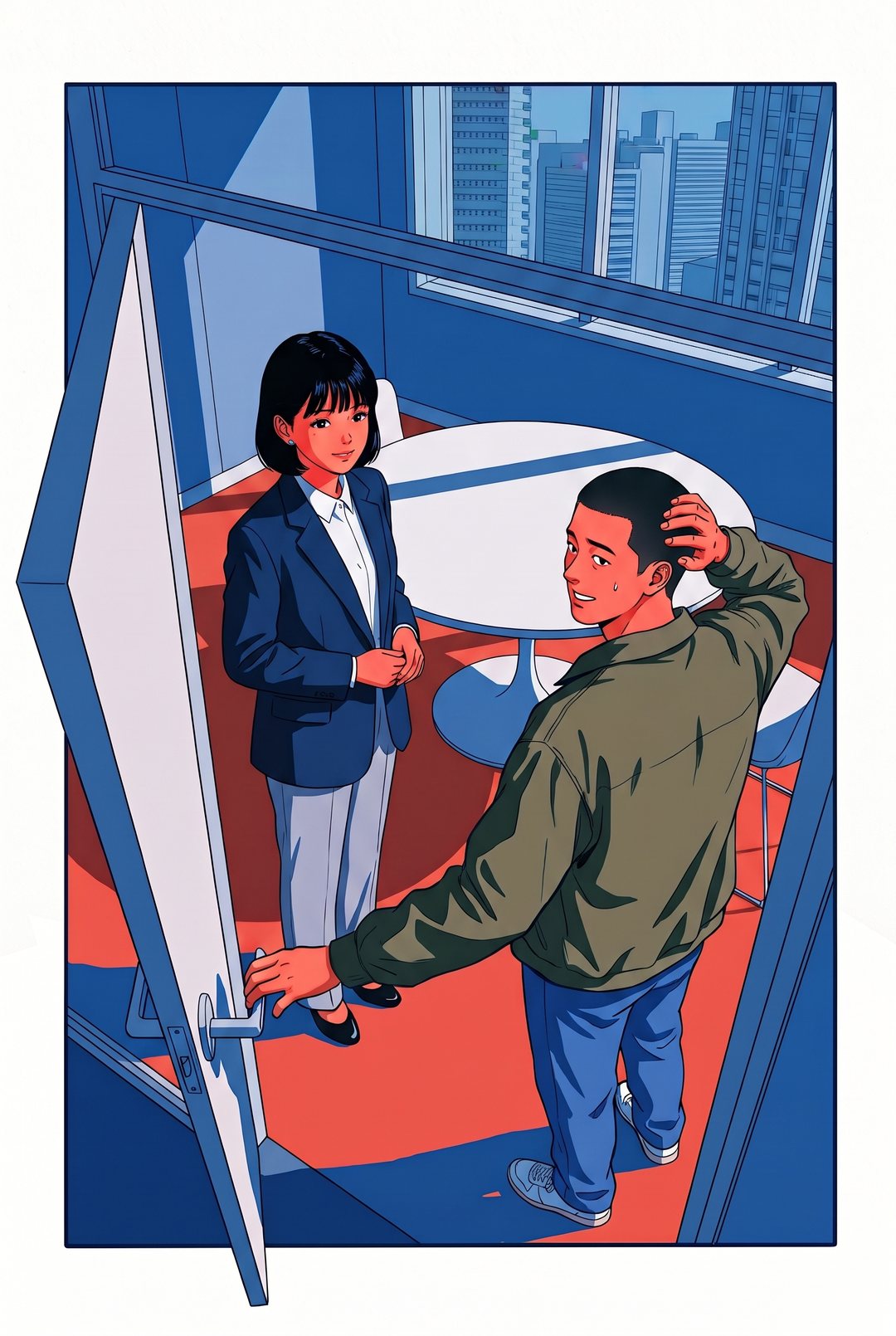 面談室の扉の前を、少し上から。右で男性が扉に手を掛けて振り返り、照れたように頭をかく。左で女性のアドバイザーが小さく笑って見送る。