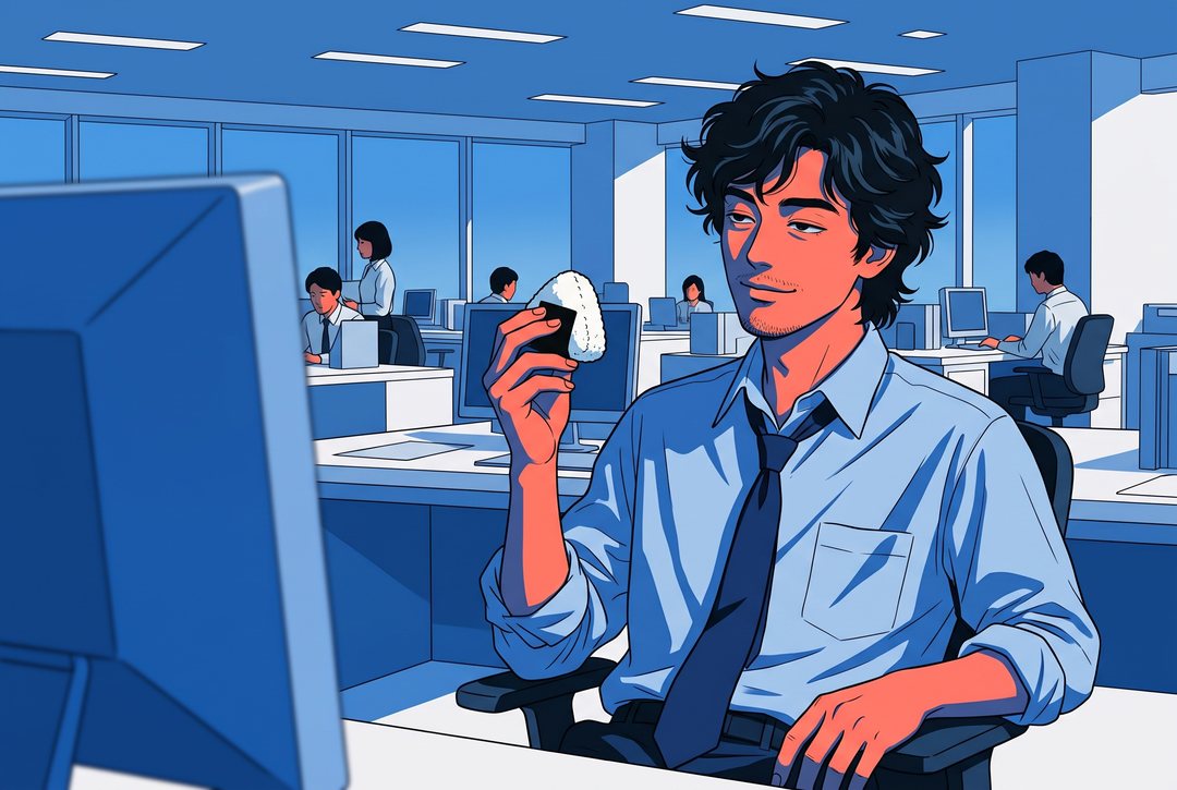 営業のフロア。隣の島の席で、波打つ髪の男性がおにぎりを持ち上げ、眠そうな横目で左を見て、にやりと笑う。手前にモニター。